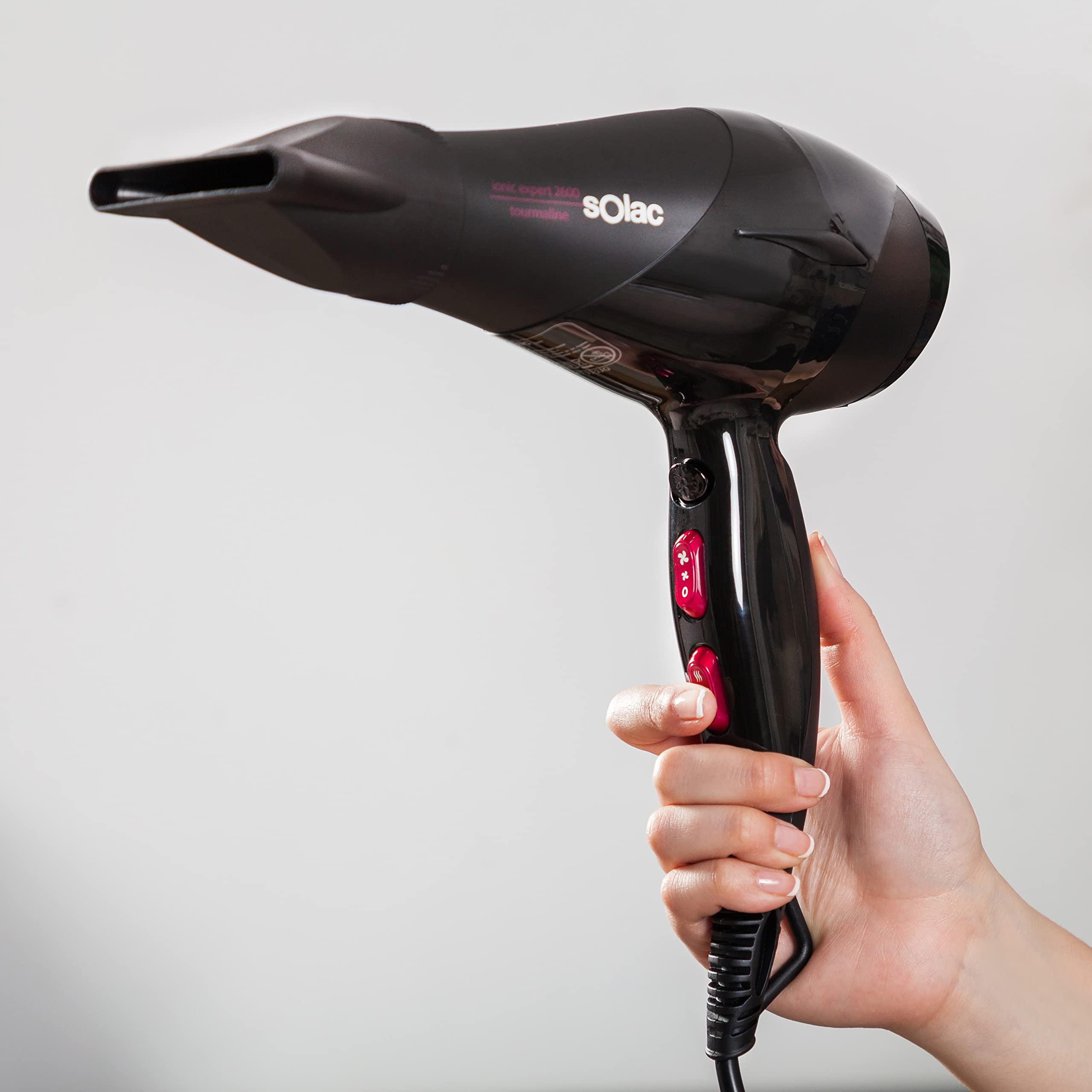 Solac - Secador de pelo profesional Tourmaline 2600W | 2 velocidades | 3 temperaturas | Botón aire frío | Motor AC | Protección Turmalina | Función iónica | 2 Accesorios: Concentrador Y Difusor