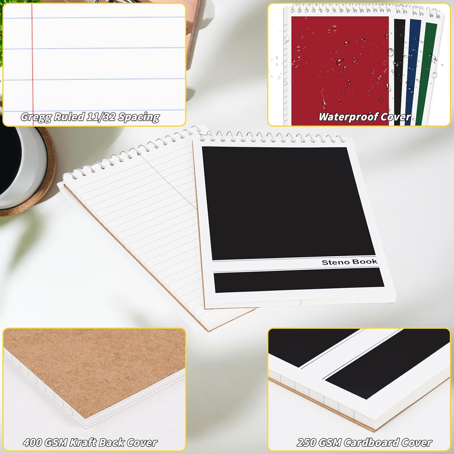 16 Pack Steno Pads 6 x 9 in Spiral Top Notebook Bulk 4 Assorted Color Note Pad 60 Sheets Gregg Rule Writing Paper Steno Notebooks for Students Teachers Men Women Professionals Office School Recording