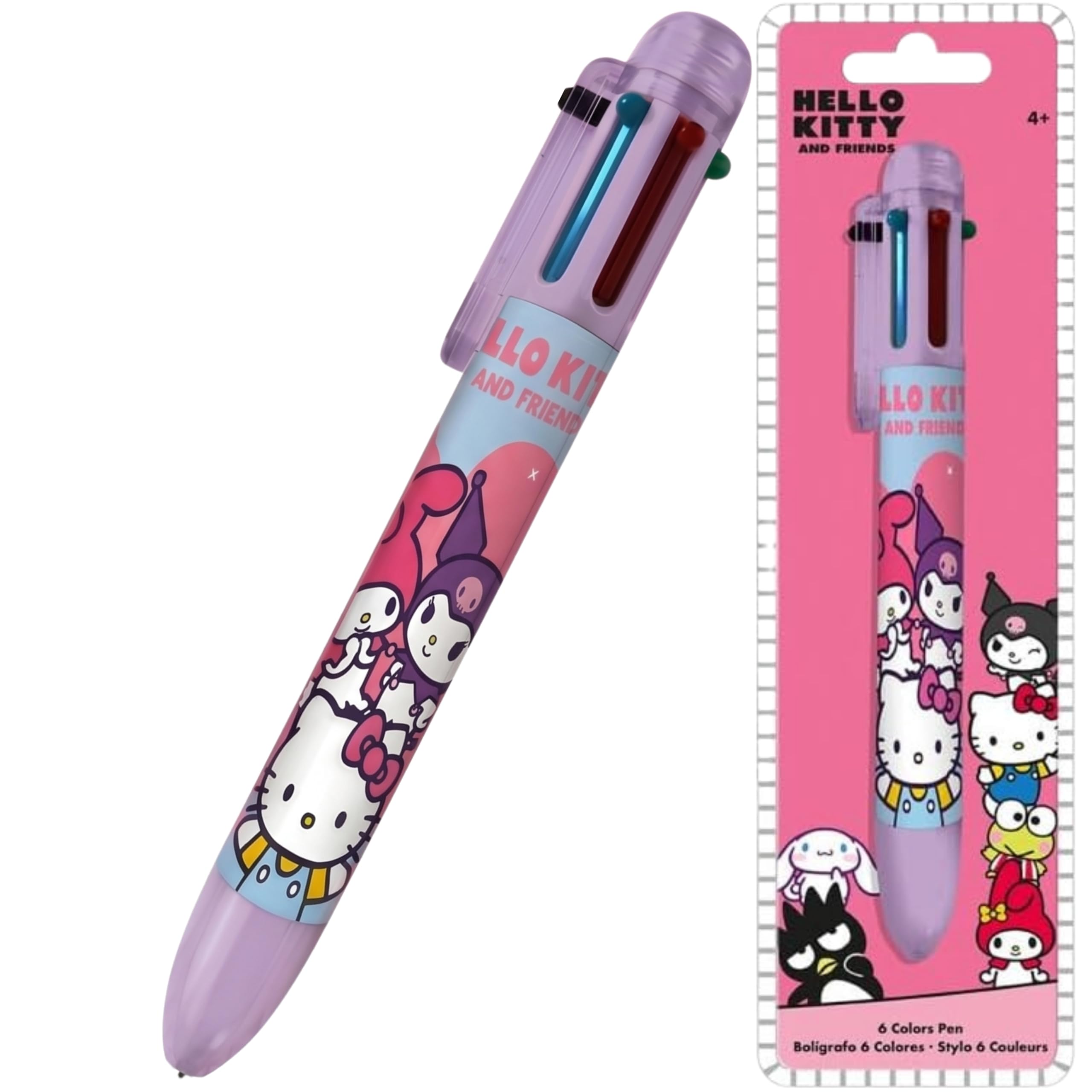 SRVertex Hello Kitty 6-in-1 Retractable Ballpoint Pen, Fun Rainbow Barrel Ballpoint Pen for School Office, Medium Point 0.5mm, Children School Stationery Gift 3+Years