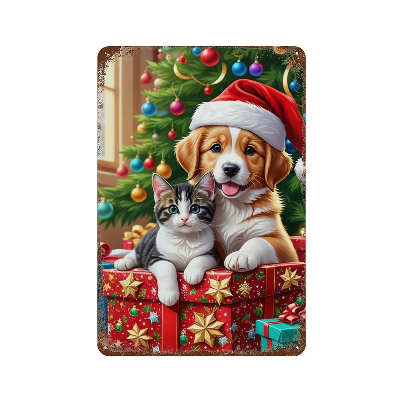 Christmas Pet Gift Scene Weathered Tin Sign 11.8"x7.9", Farmhouse Wall Decor for Garage, Pub Or Kitchen