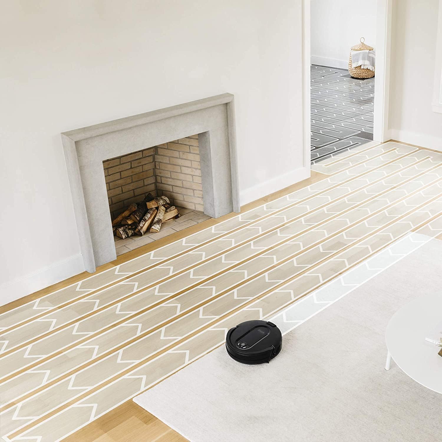 Shark IQ Robot RV1100 cleaning a room in a methodical back-and-forth pattern