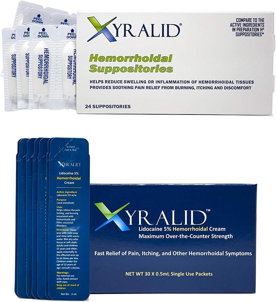 Xyralid® Hemorrhoidal Cream & Suppository Bundle - Reduce Swelling or Inflammation of Hemorrhoidal Tissues Provides Soothing Relief from Burning, Itching & Discomfort (30 sachets + 24 Suppositories)