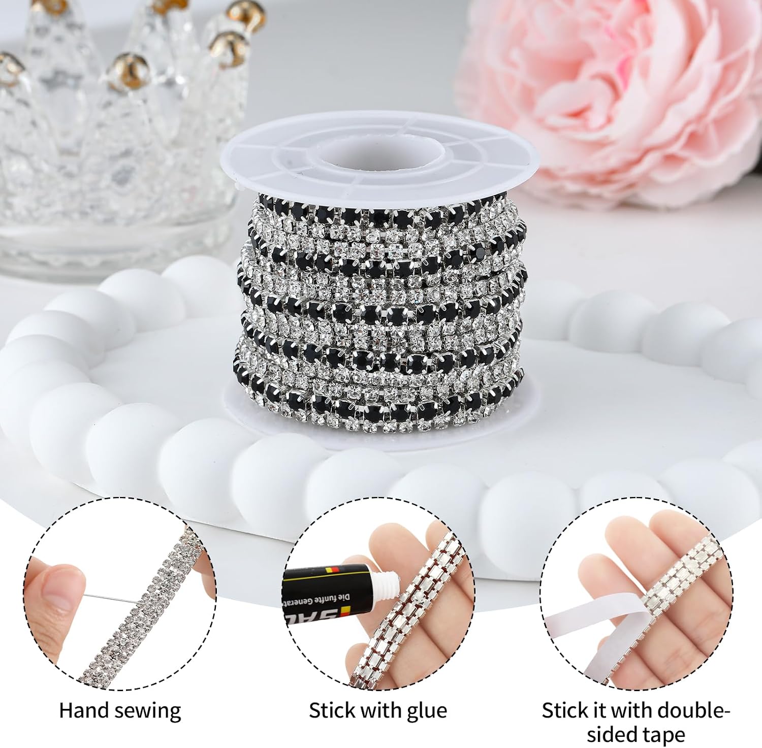 3 Yards 3 Rows Rhinestone Trim, Crystal Close Chain for Crafts, Wedding Bouquet Clothing, DIY Decorations (Black, 3 Yards)