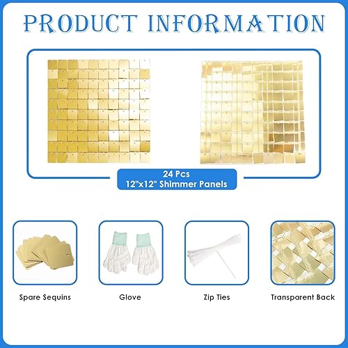 Miniatura 2 de Paneles de fondo de pared brillantes, 24 piezas cuadradas de lentejuelas doradas claras brillantes para decoración de bodas, aniversarios, fiestas