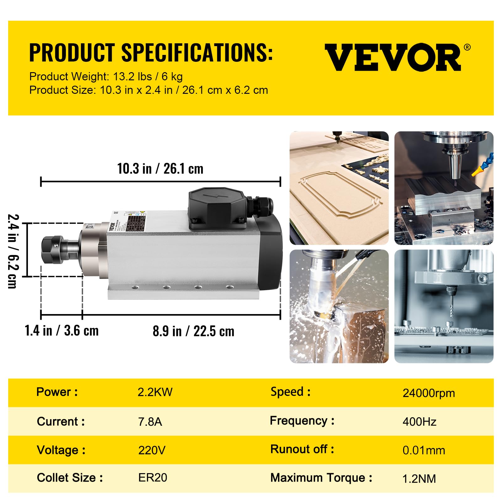 VEVOR Moteur de Broche Refroidi par Air Carré 2,2 kW Moteur Broche CNC 220 V Spindle Moteur Pince ER20 Moteur de Fraisage Refroidi par Air Moteur de Broche de Haute Vitesse Roulements en Céramique