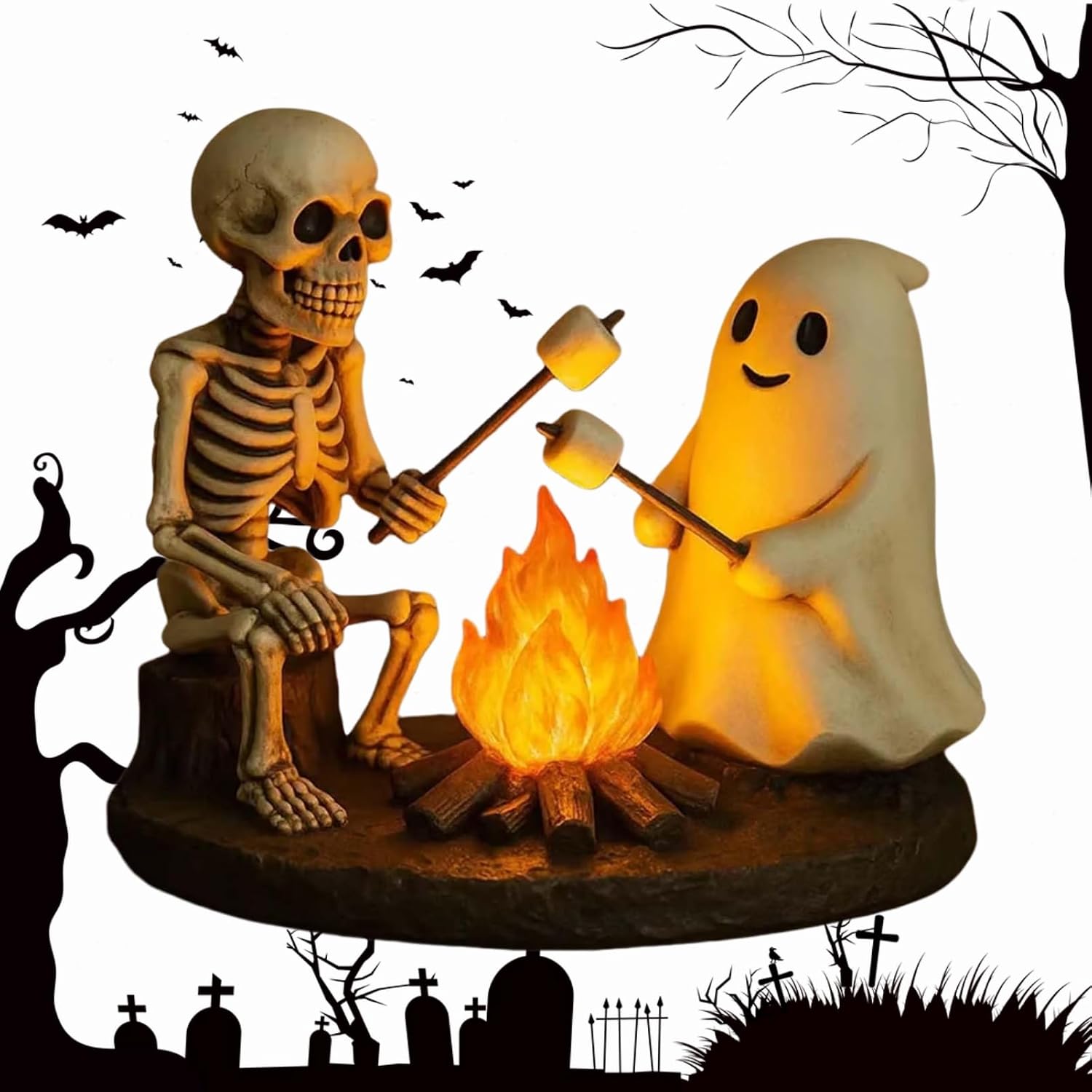 Skeleton and Ghost Campfire Night Lamp Skeleton and Ghost Bonfire Night Lamp Halloween Decoration Ghost Campfire Flickering Light Cute Scary Halloween Ghost Night Light Pack of 1 [Energy Class A]