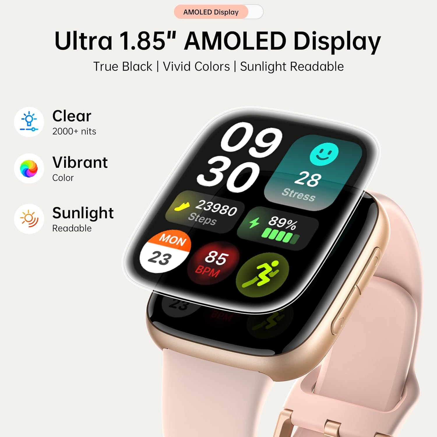 Smart Watches for Women Men with 2 Bands, 1.85-inch AMOLED HD Display (390x450), 12-Day Battery Life, 3ATM Waterproof (30m), Call, Health Monitoring, Fitness Tracking Smart Watch(Pink) - Image 2