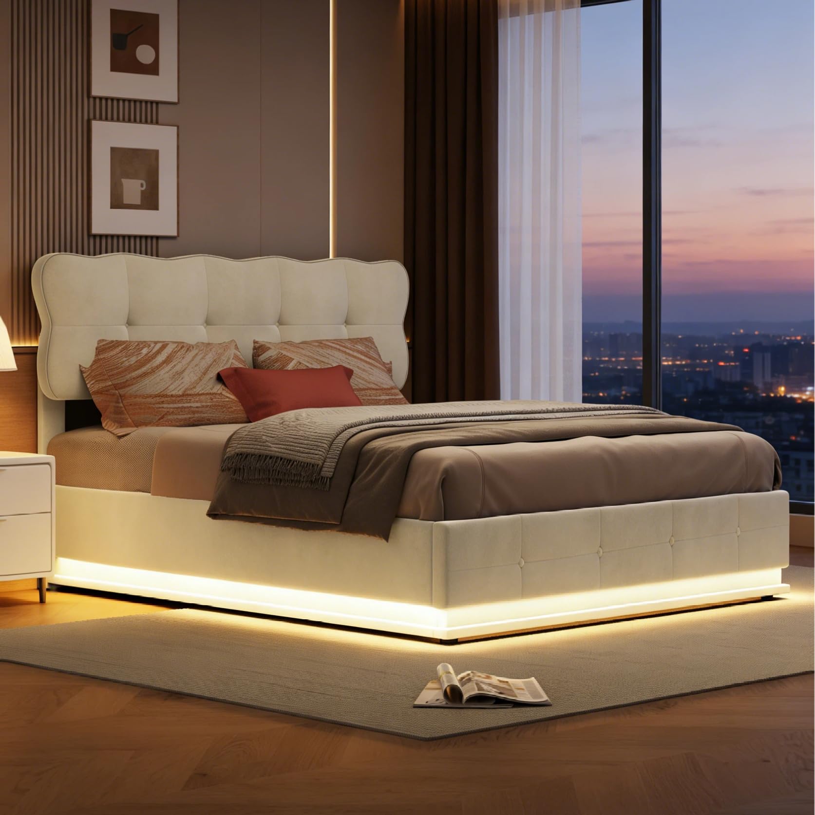 BRILVERDE Cama Tapizada 140x200 con Almacenamiento hidráulico, Cama matrimonial con Toma USB y luz LED, Cabecero Acolchado y Base de Láminas, Terciopelo (Beige, 140 x 200 cm)