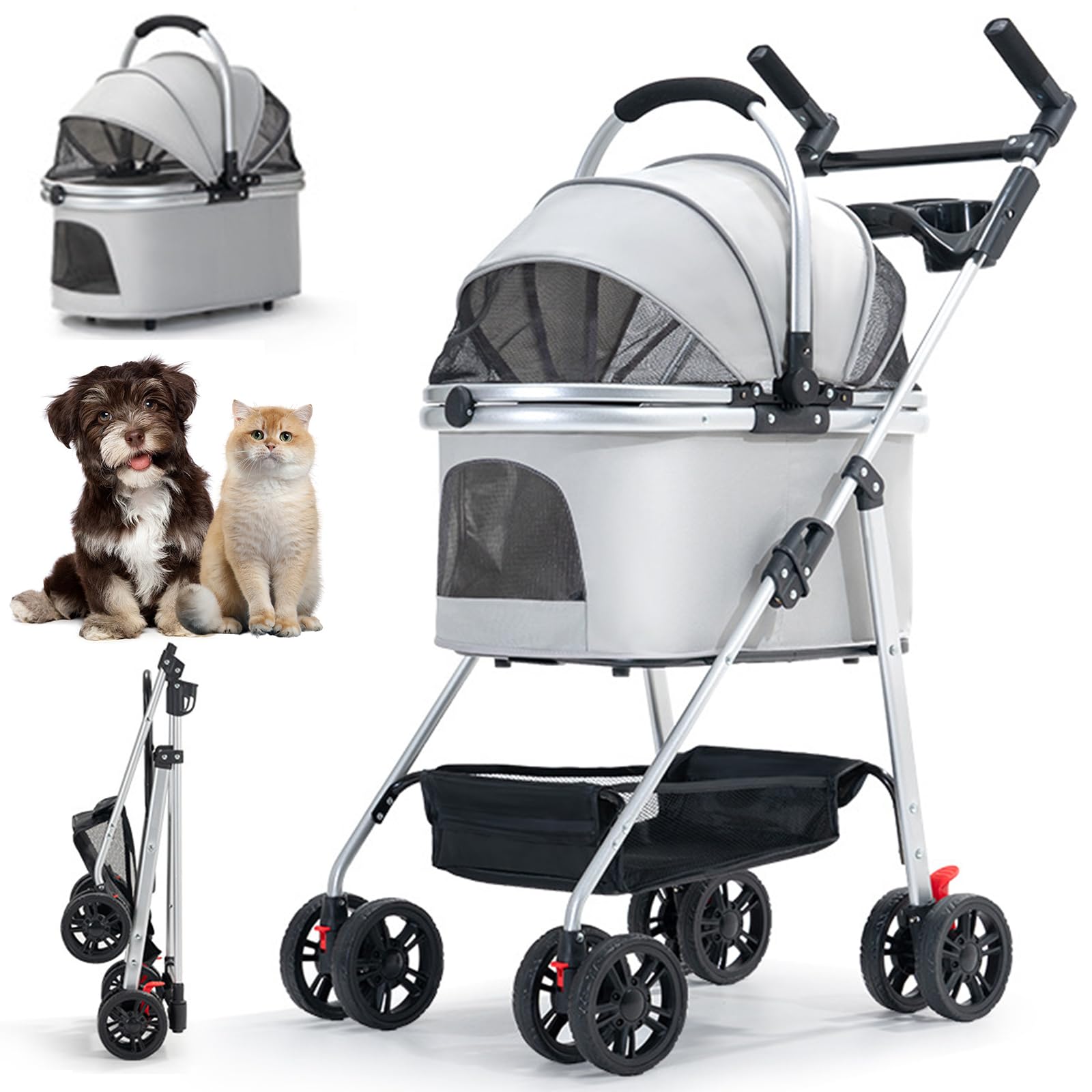 Carrito De Transporte 3 En 1 para Gatos, hasta 15 Kg, Carrito Portátil para Mascotas, Carrito para Perros con Ventana De Red Y Soporte para Bebidas para Gatos Pequeños Y Medianos