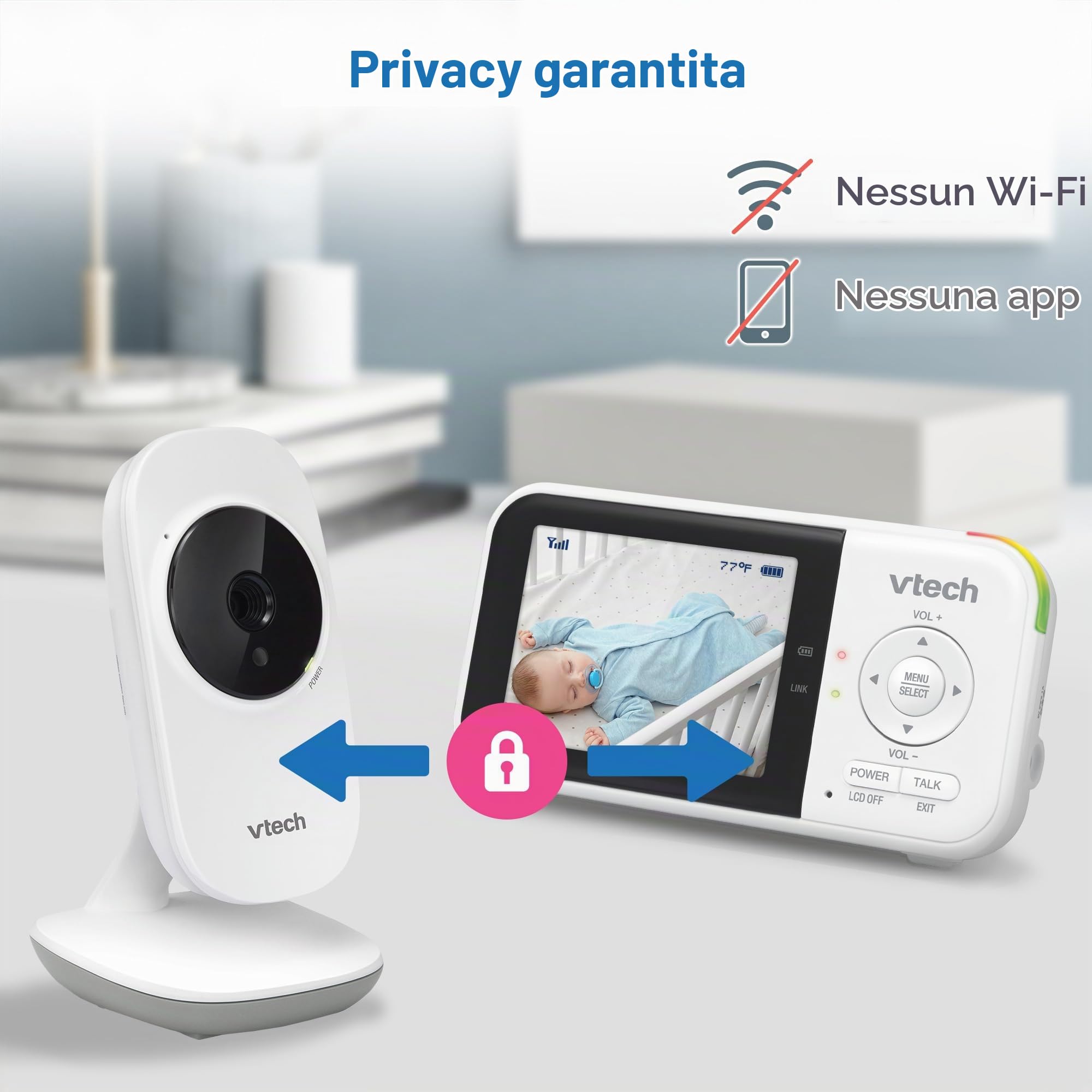 VTech VM819 Baby Monitor con fotocamera e audio, schermo da 2,8 pollici, videocamera portatile per bambini, visione notturna, audio a 2 vie, sensore di temperatura e ninne nanne, trasmissione sicura