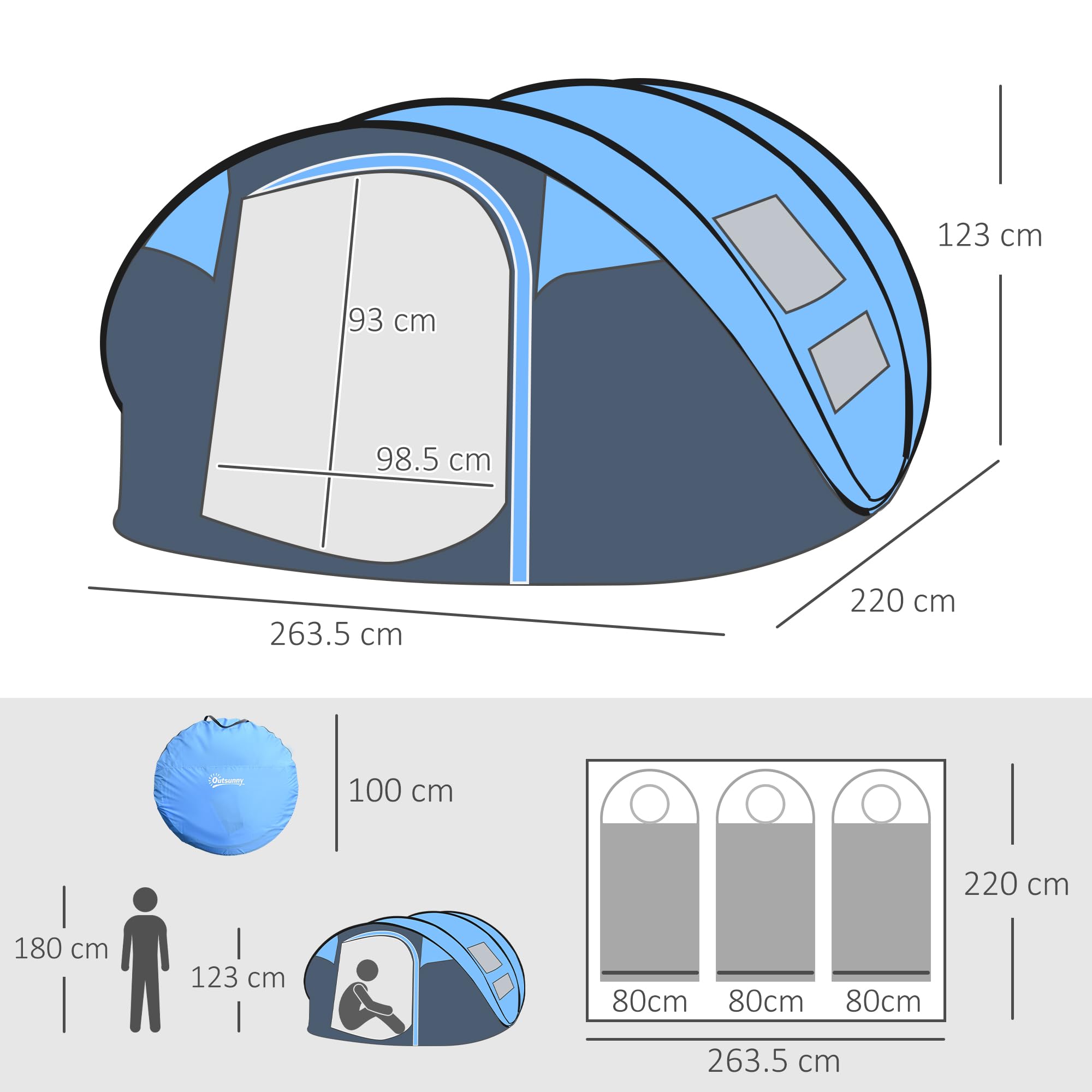 Outsunny Tenda da Campeggio Pop Up 4 Persone 2000mm Anti UV 20+ 263.5x220x123 cm Blu