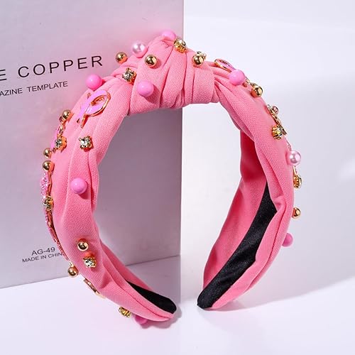 Miniatura 5 de Diadema rosa con lazo de esperanza de cristal y perla, diadema anudada para concientización sobre el cáncer de mama, accesorios para el cabello para