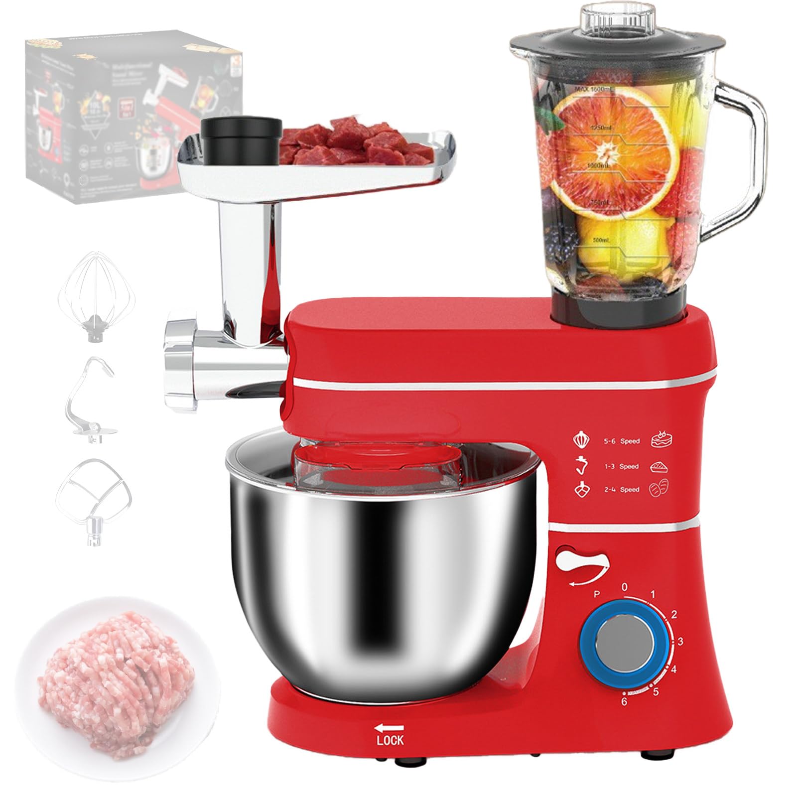 Impastatrice Planetaria Multifunzione, 10l 1400w, con Gancio Impastatore, Frusta, Sbattitore, Accessorio Tritacarne, per Pasticceria, Impastatrici per Dolci Red