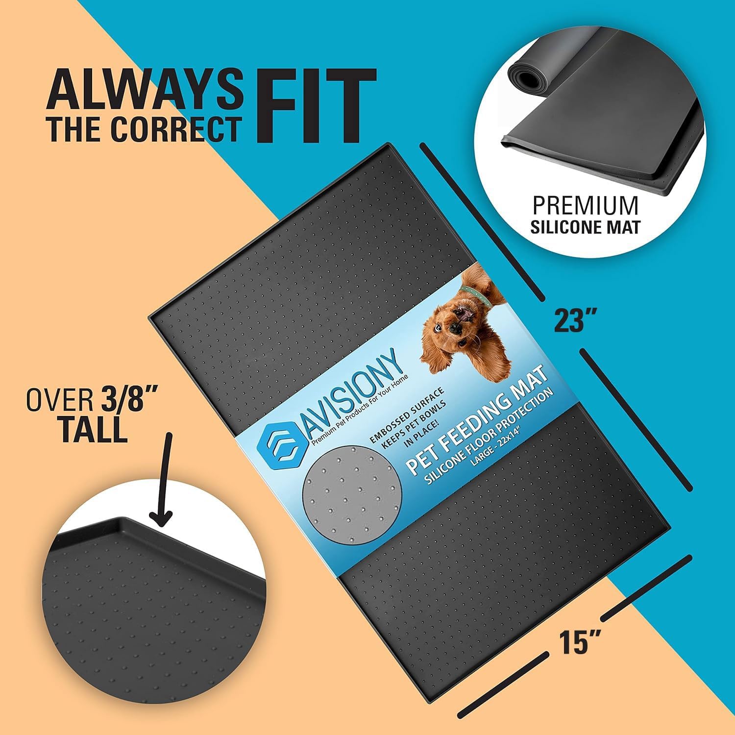 Waterproof Raised Edge BPA Free Silicone Pet Feeding Mat, 23x15 Dishwasher Safe Food Mat Contains Spills & Protects Floors, Placemats for Cats and Dogs Water Bowl, Pets Accessories Black