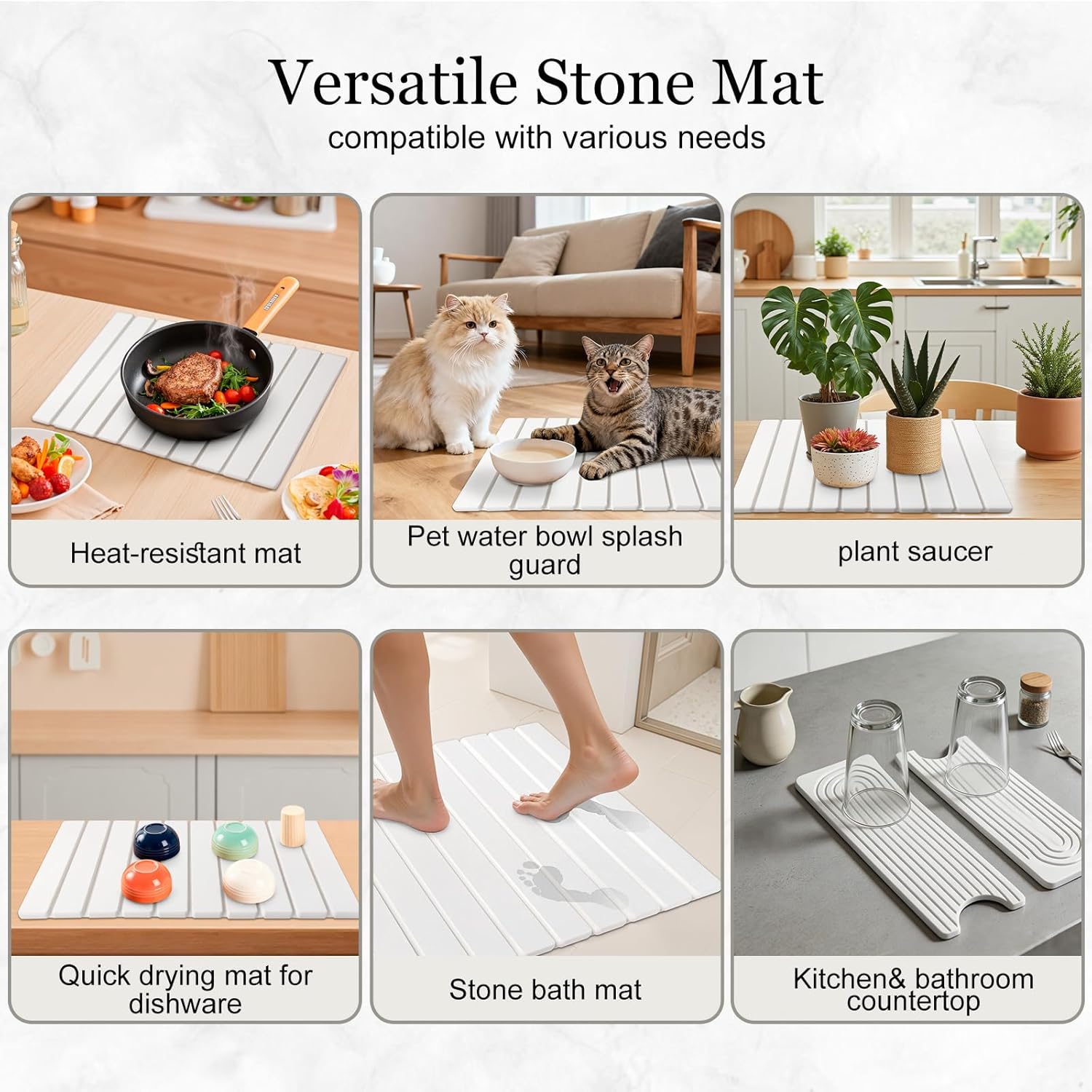 3PCS Set Large Stone Drying Mat for Kitchen Counter Foldable Collapsible Fast Drying Stone Dish Mat Water Absorbing Natural Diatomaceous Earth Bath Mat Quick Dry Stone Tray Bathroom Countertop, White