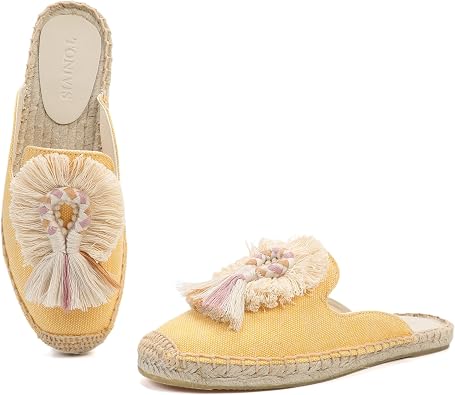 Women's Mule Flat Shoes with Tassel & Pompom, Espadrilles Slides Backless Slipper Slip on Shoes