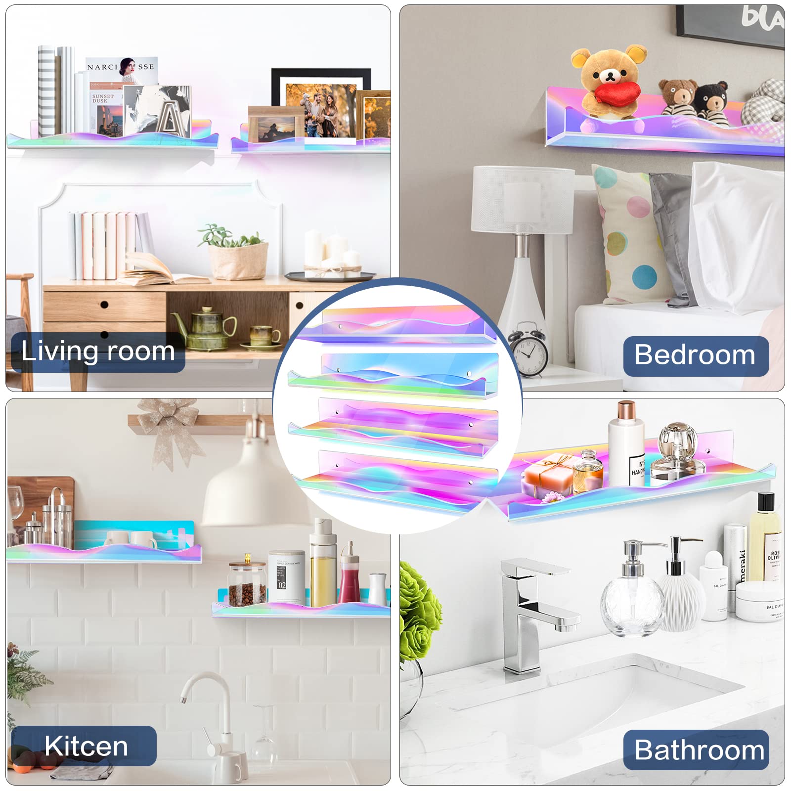 DILIBRA 4 Packs Iridescent Acrylic Floating Shelves, 15.7 Inch Clear Acrylic Display Shelf Wall Mounted, Invisible Funko Pop Display Shelves Wall Ledge Bookshelf for Kids Room Bathroom Dorm