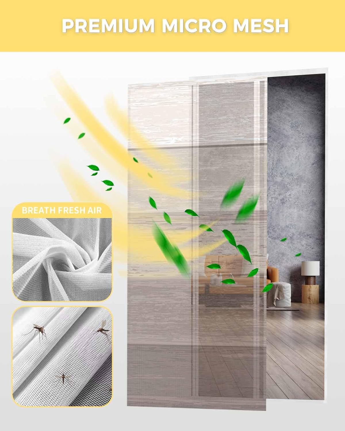 Khaki Ombre Wooden Magnetic Screen Door, Farmhouse Retro Wood Texture Hands Free Screen Mesh Size 38" x 83", Reinforce Heavy Duty Mesh Screen Doors for Patio/Front/Sliding Door