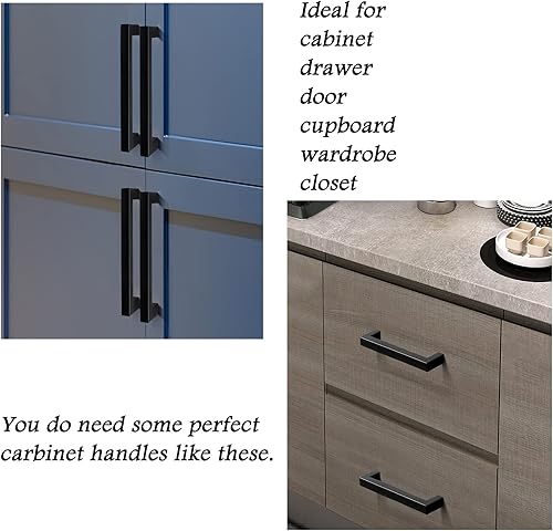 Miniatura 6 de knobelite Paquete de 12 manijas de gabinete de color negro mate, pomos de gabinete de cocina de acero inoxidable, tiradores cuadrados de barra en T,