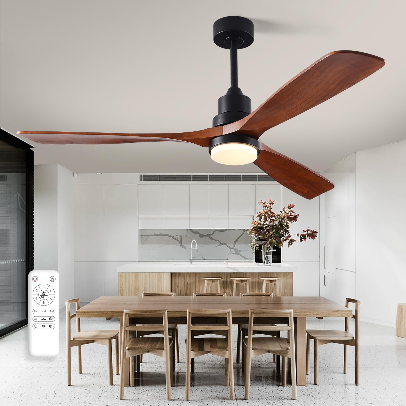 Photo 1 of FXZZ 60 Inch Ceiling Fans with Lights and Remote, Quiet Reversible DC Motor and 3 Color Dimmable Light, 3 Blades 6 Speed Wood Ceiling Fan for Farmhouse Living Room Bedroom Dining Room Workroom Study