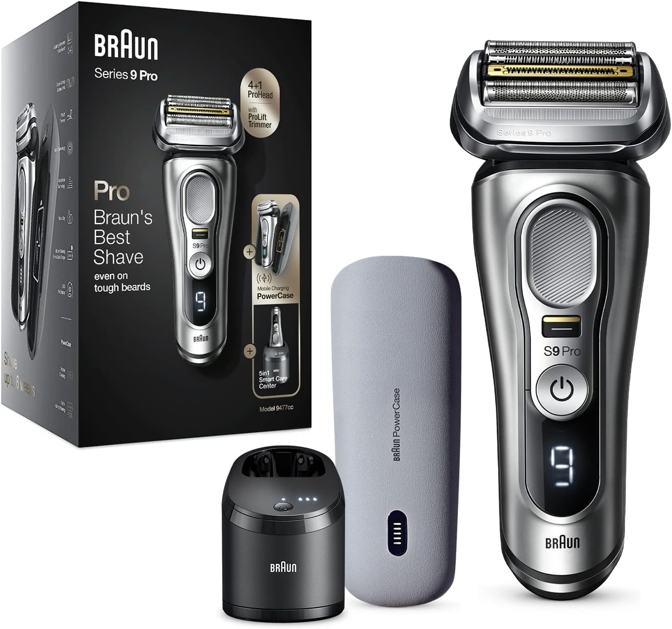Braun Series 9 Pro 4+1 Pro-Head Electric Shaver With Mobile Charging Powercase for Men, Silver