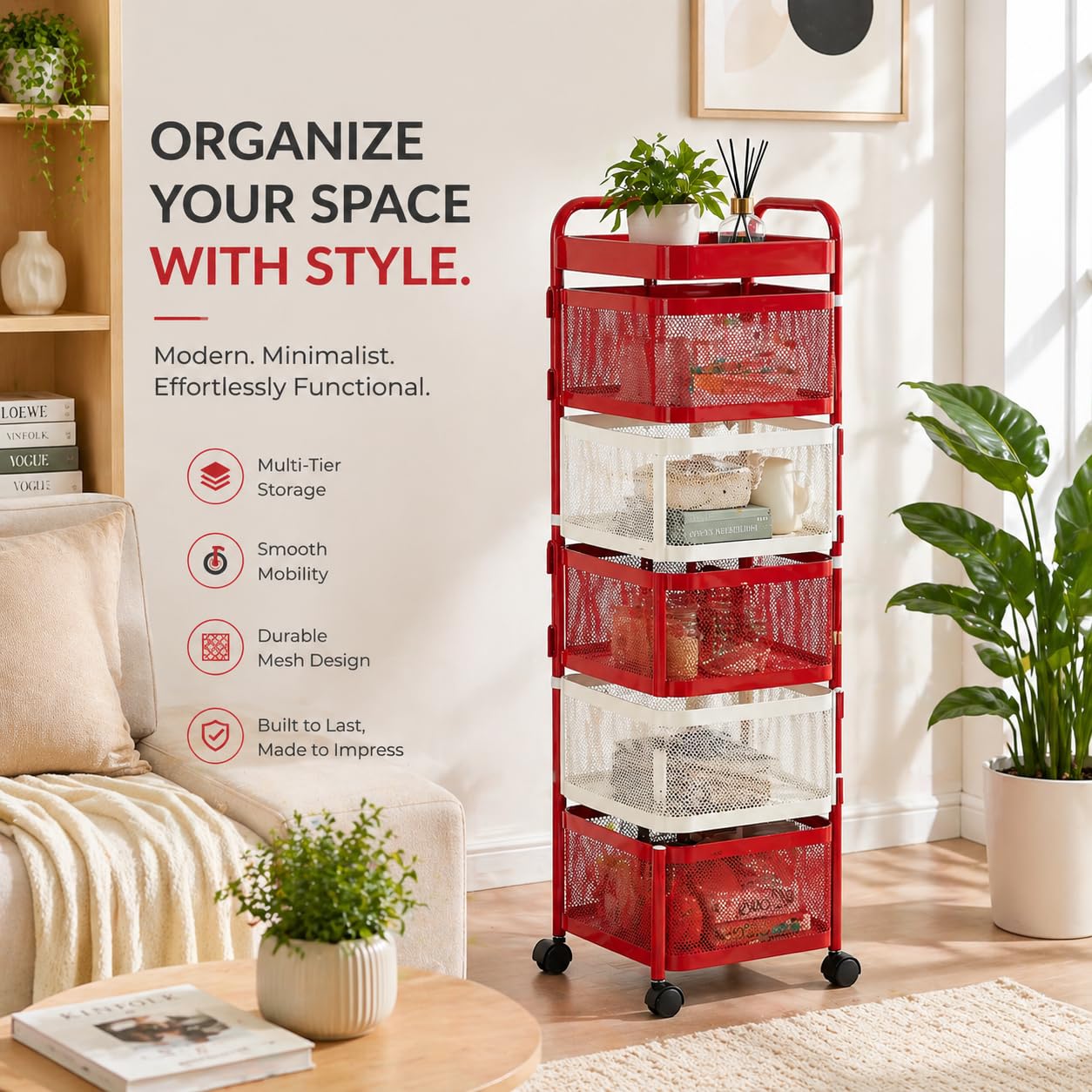 BURAKH Carrello portaoggetti girevole, quadrato, in metallo, con ruote, organizer per cucina e bagno, scaffale per verdure, carrello salvaspazio rosso e bianco (rosso e bianco, quadrato a 6 livelli)