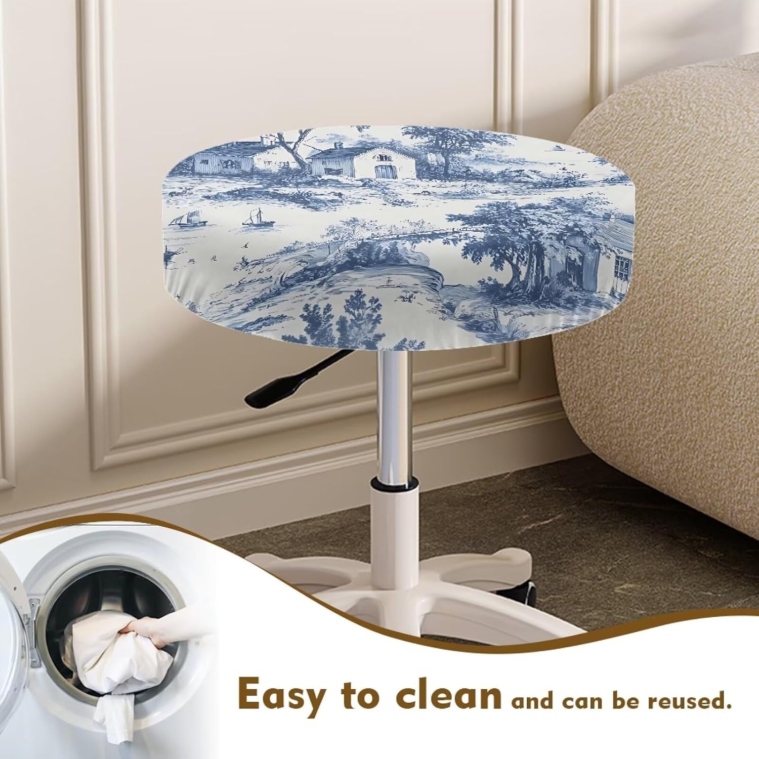 Toile De Jouy Boat House Print 2 Pack Bar Round Stool Covers, Wear Resistant Bar Stool Seat Decoration Easy to Clean Round Chair Furniture Protection for Home Bar, L