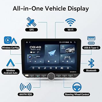 Single DIN Android 14 (4G+64GB) Car Stereo with Touchscreen (10.1) Compatible with Wireless Apple Carplay Android Auto Radio AM/FM RDS Bluetooth Navigation GPS Wi-Fi Type-C USB Mirror Link