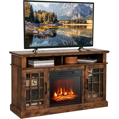 Tangkula Electric Fireplace TV Stand for TVs Up to 55 Inch, Fireplace Entertainment Center with Two Side Cabinets & Adjustable Shelves, Electric Heater with Overheat Protection, Remote Control