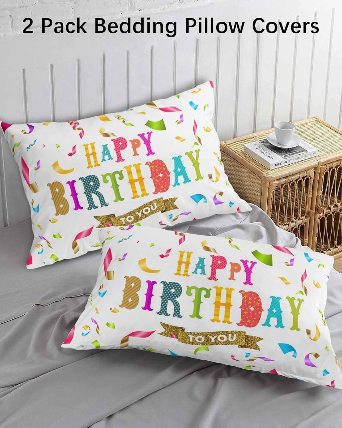 Happy Birthday to You Pillow Cases Standard Size Set of 2 - Microfiber Bed Throw Pillow Covers, Colorful Geometric Decorative Lumbar Pillow Cover with Envelope Closure for Sofa/Travel