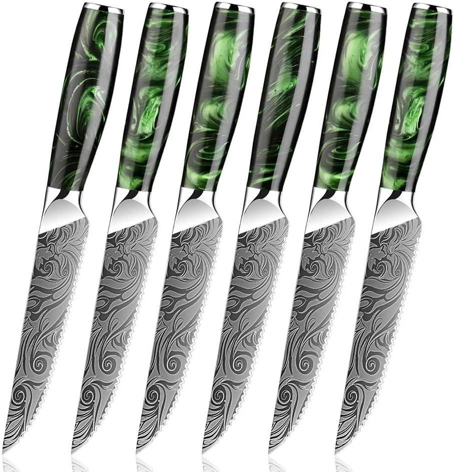 Steak Knife Set, 6PCS Kitchen Knives Serrated Stainless Steel Laser Pattern Food Tool Green Resin