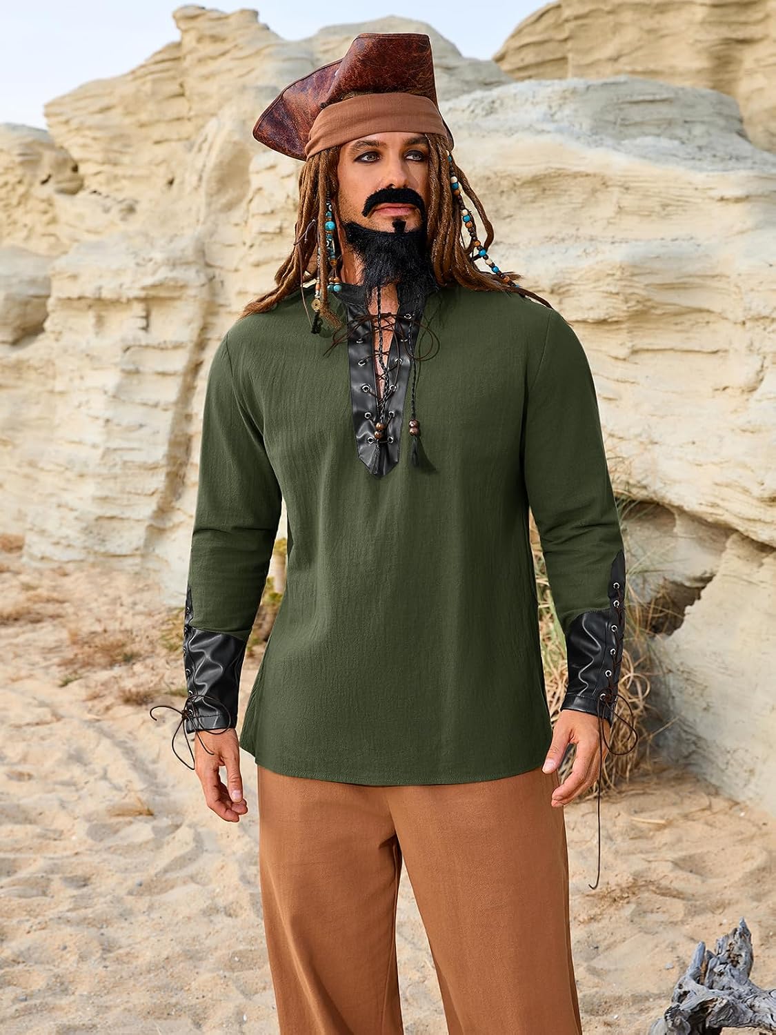 Runcati Mens Medieval Pirate Shirt Retro Lace Up Viking Renaissance Shirts Cotton Halloween Costume Faux Leather Tops