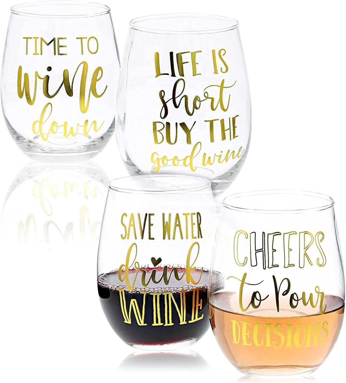 Juvale - Brandclub - Juvale 4 Pack Stemless 18 Ounce Wine Glasses with  Sayings, 4 Assorted Gold Foil Designs