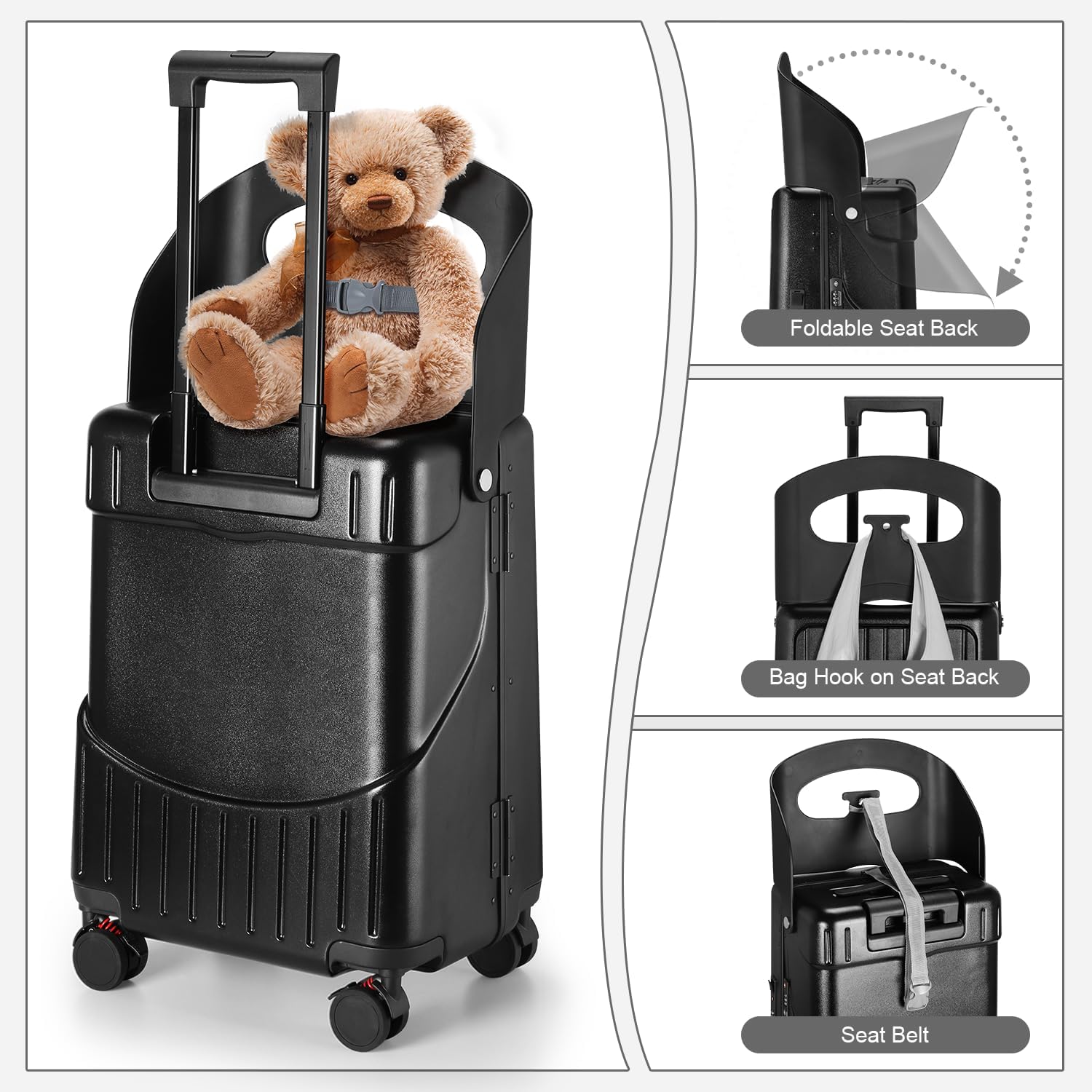 折りたたみ式シート付きライドオンラゲッジ、シートベルト付き、ハードシェルライドオンスーツケース、フロントポケット、ロック可能な4つの
