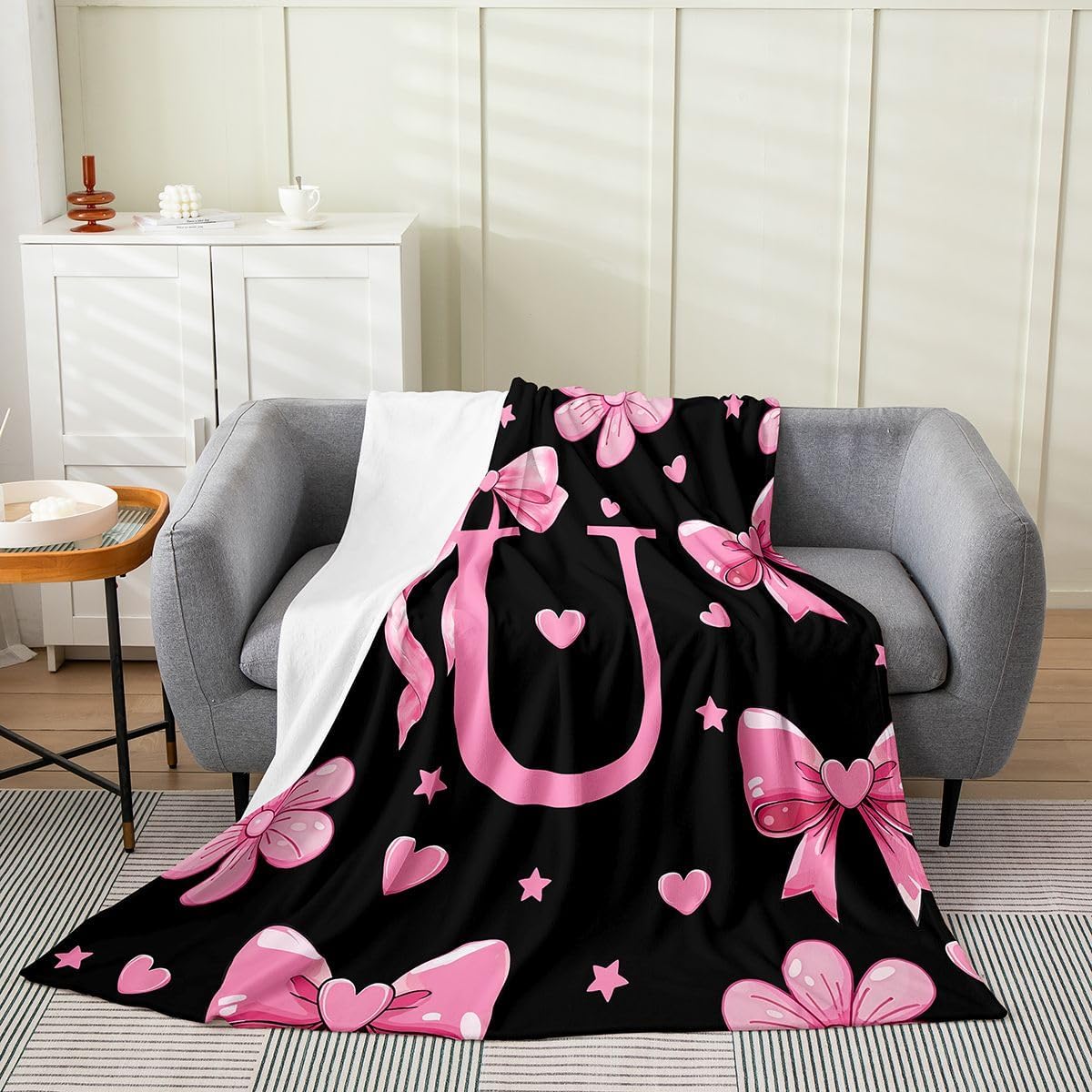 jejeloiu Bowknot Flannel Fleece Throw Blanket Personalized Initial Letter U Throw 50"x60" Black Pink Fleece Throw Blanket for Kids Women Men Pink Bow for Bed Couch Chair Living Room Bedroom Decor image 3