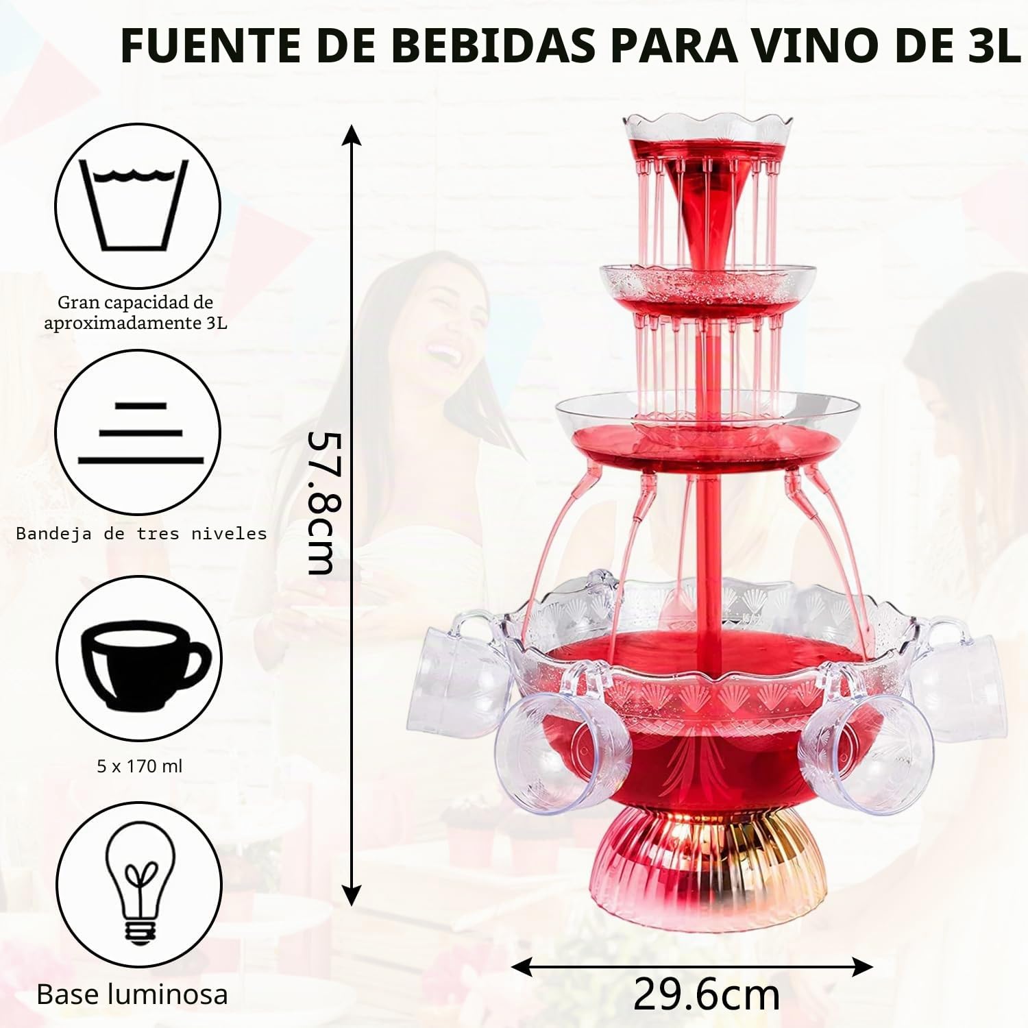 Fuente de Fiesta Transparente de 3 Niveles, Máquina de Fuente de Vino | 5 Vasos Reutilizables y 1 Cepillo, Base LED, Torre de bebidas para Pubs, Fiestas en Casa y Fiestas de Cumpleaños