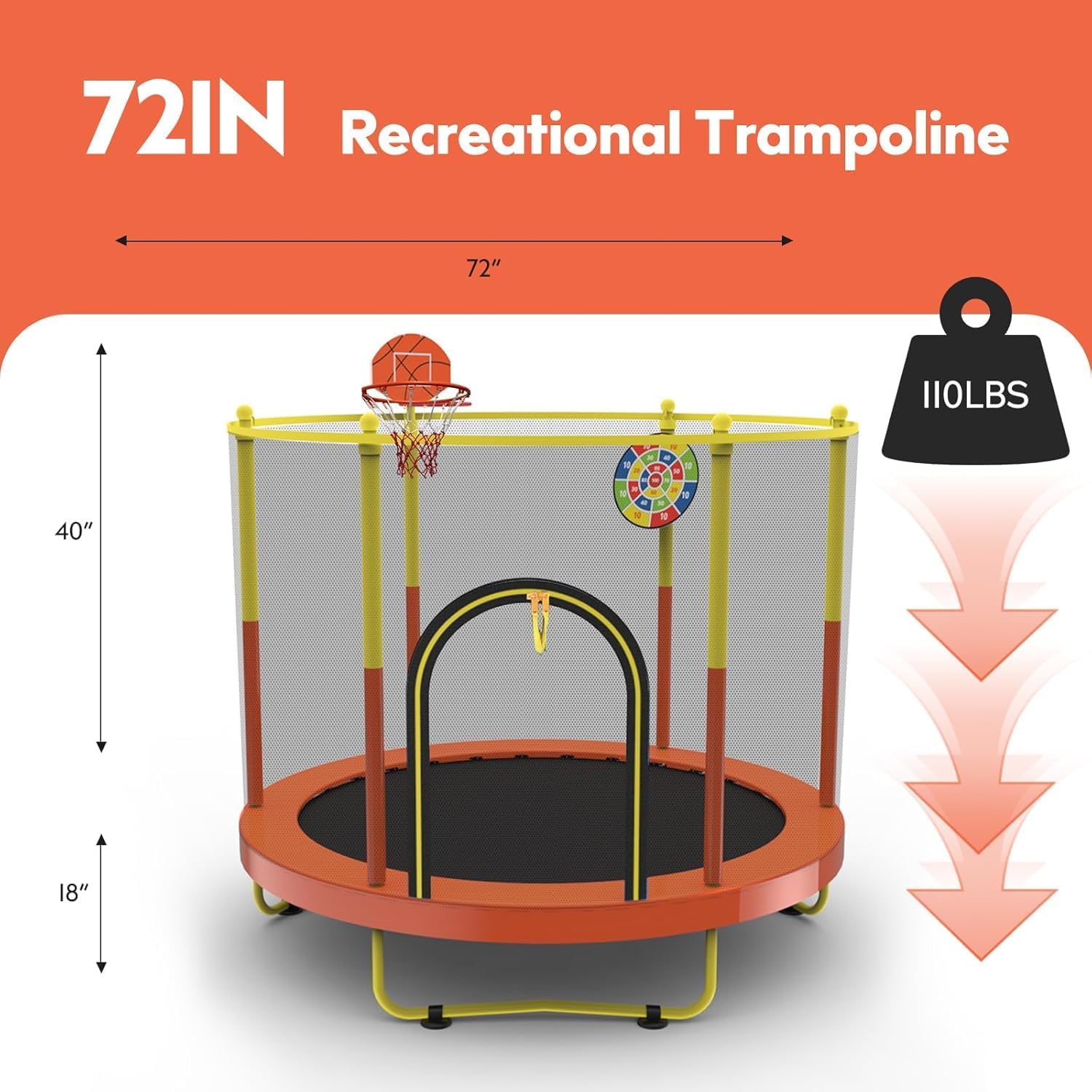 72" Trampoline for Kids with Net,6 FT Indoor & Outdoor Small Toddler Trampoline with Basketball Hoop & Dart Board for Ages 1-8, Birthday Gifts for Boys & Girls, Baby Toddler Christmas Toys - Image 2