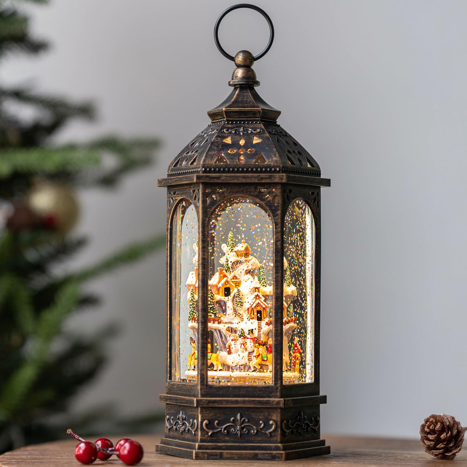 Edificios animados de pueblo de Navidad con figuras en movimiento, linterna de agua iluminada, forro USB/funciona con pilas, globo de nieve para decoración de festivales de Navidad, regalos