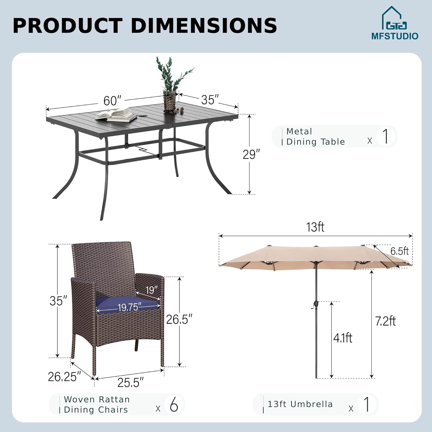 MFSTUDIO Outdoor Dining Sets for 6, 8 Pieces Patio Dining Set with Umbrella, Patio Table and Chairs for 6 with Umbrella, Outdoor Rattan Dining Furniture, Backyard
