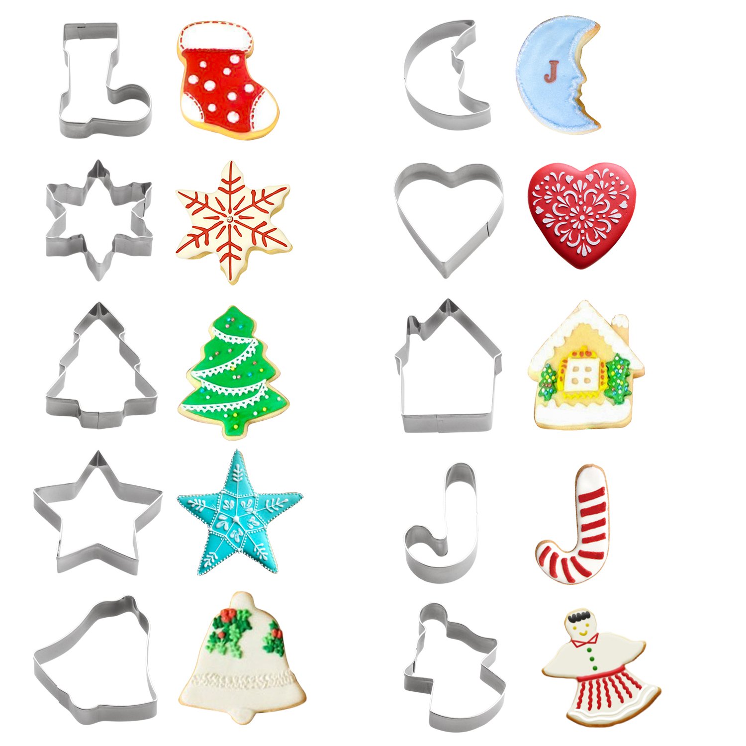 Christmas Cookie Cutters Set - Holiday Mini Cookie Cutter set of 10, Include: Gingerbread Man, Gingerbread House, Christmas Tree, Snowflake, Bell, Heart, Star, Christmas Crutch