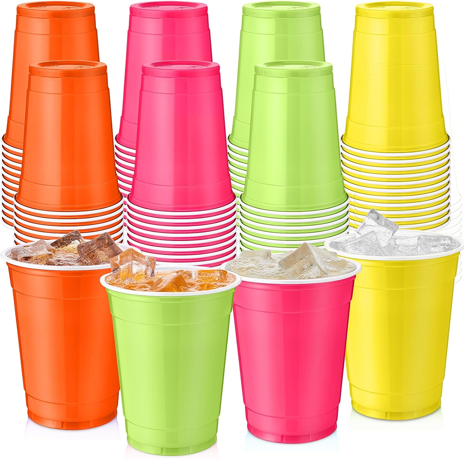 100 Pack 12 oz Plastic Cups Bulk Neon Disposable Plastic Drinking Cups in 4 Assorted Colors for Carnival Fiesta Matrimony Bachelorette Decorations Birthday Wedding Neon Party