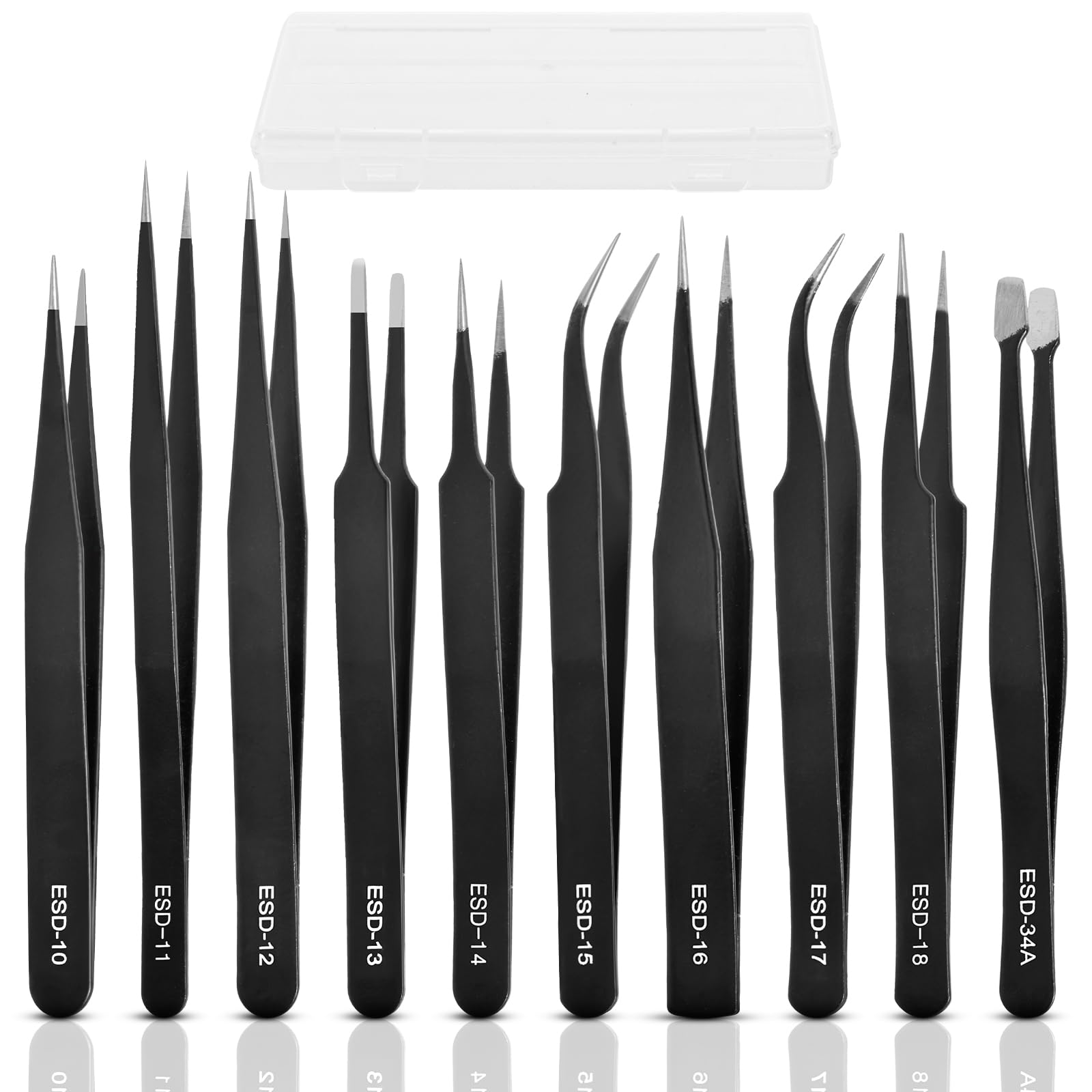 XinYunfan 10Pcs Precision Tweezers Set, Upgraded Anti-Static Stainless Steel Tweezers with Storage Box, for Craft, Electronics, Jewelry-Making,