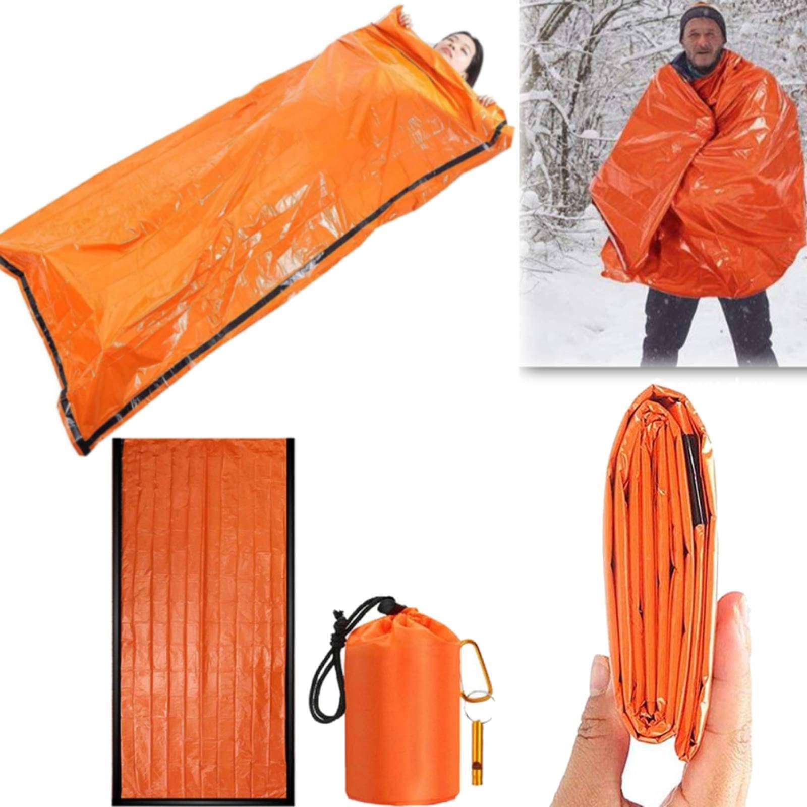Survival Sleeping Bag, Pocket Size Emergency Sleeping Bag, Emergency Bivvy Bag Emergency Blanket Reusable for Outdoor Camping, Hiking (Orange +Whistle)