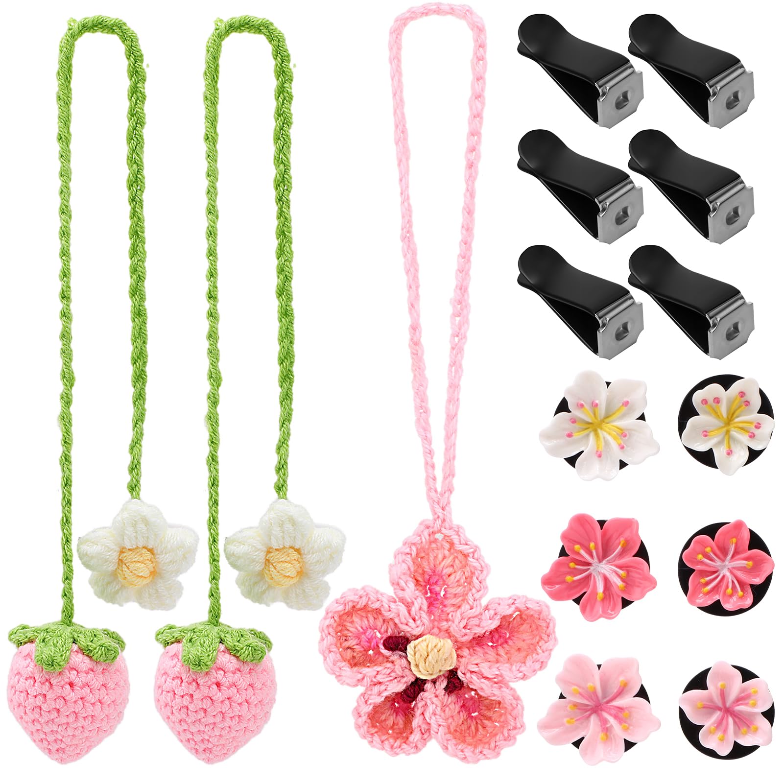 Photo 1 of 3 Pack Crochet Strawberry Car Hanging Ornaments Rearview Mirror Hanging Accessories 6 Pcs Cute Car Air Freshener Vent Clips Flower Air Vent Clips for Women Girls