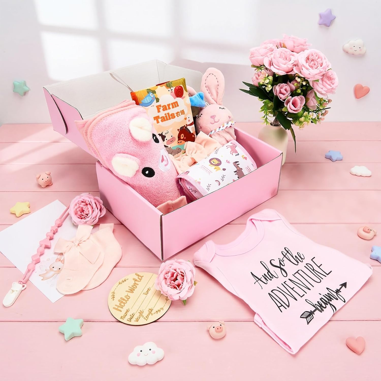 13Pcs New Mom Gifts for Women, Newborn Gift with Swaddle Blanket & Pink Bunny, Baby Gift Basket for Couple, New Parents, Baby Shower, Gender Reveal, First Time Mom & Dad Essentials