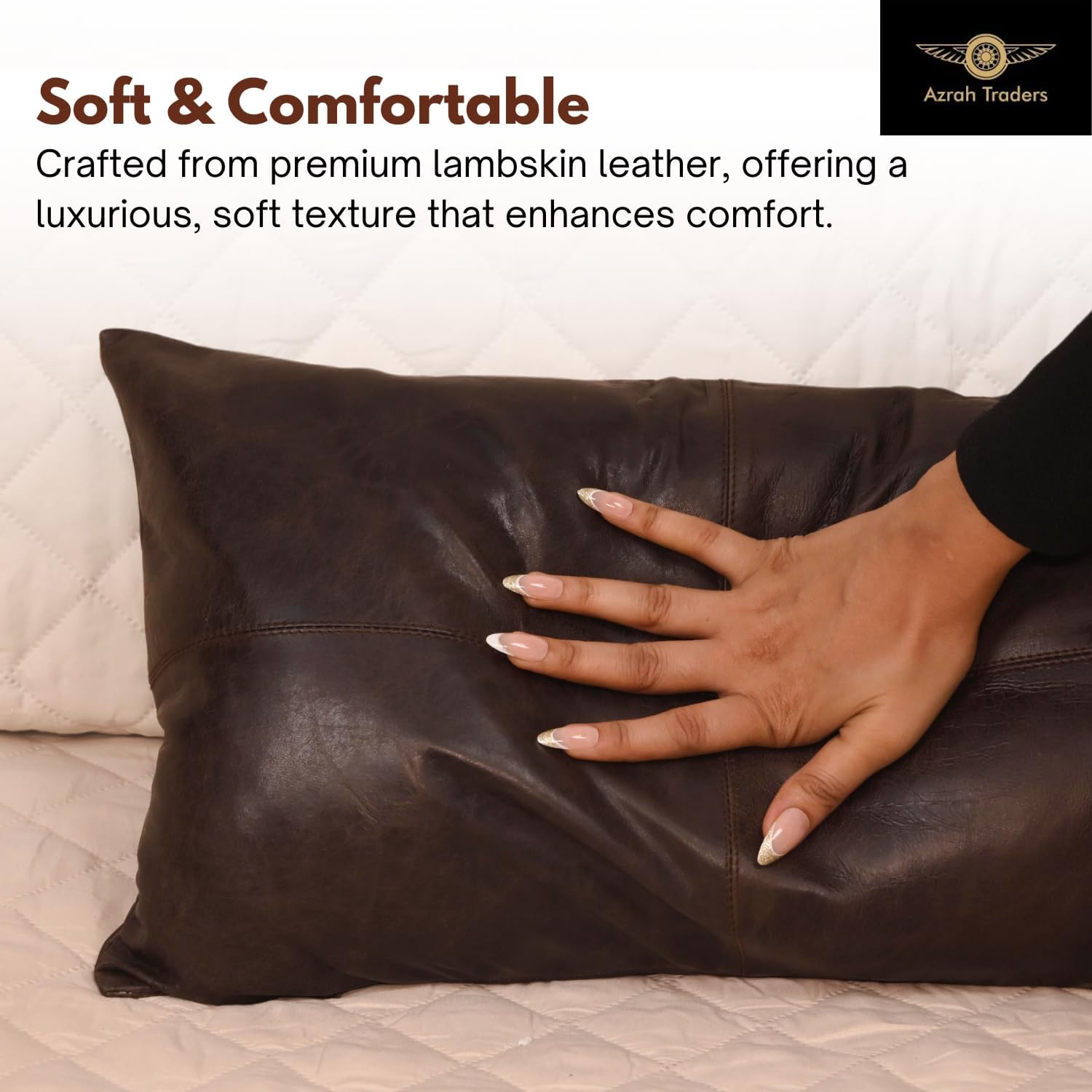 Lambskin Leather Pillow Cover - Sofa Cushion Case - Decorative Throw Covers for Living Room, 14x22 Inch - Dark Brown Crunch Plain Pack of 1