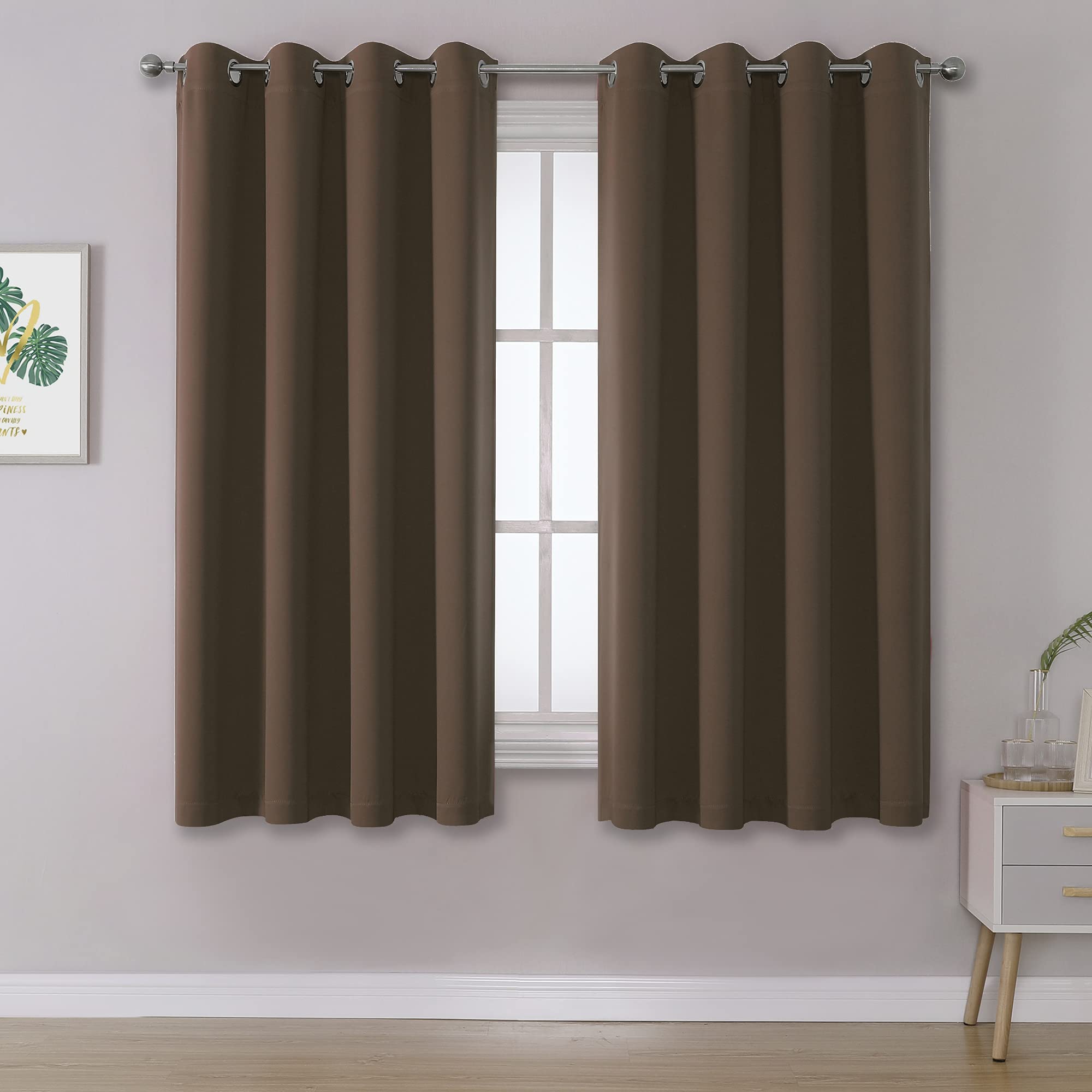 DUALIFE Coffee Color Brown Blackout Curtain Panels 52 Inch Width 45 Inch Length Thermal Insulated Room Darkening Solid Window Drapes 2 Panels for Bedroom,52x45 Inch Grommet Top