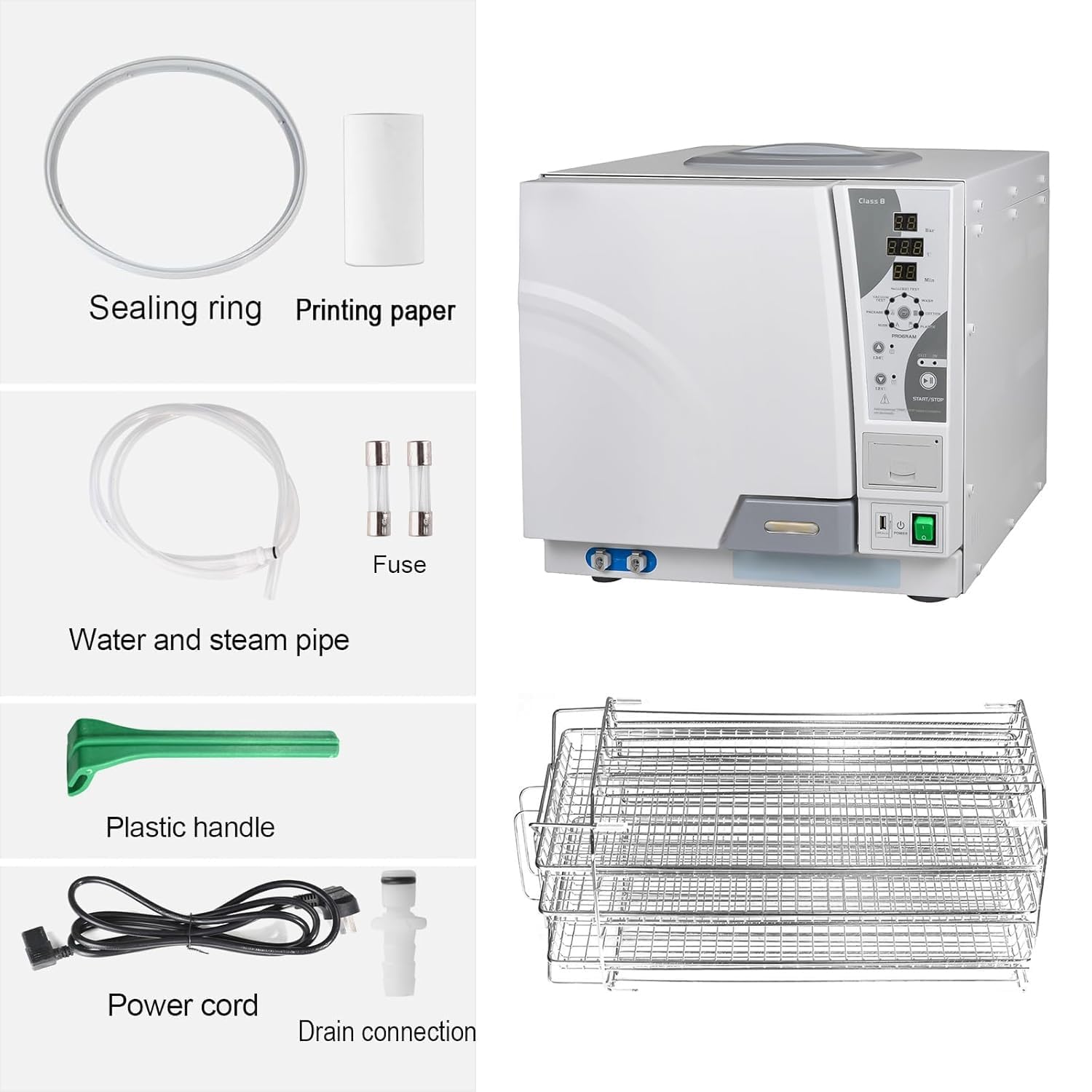 BONEW-Oral Class B Autoklave 18L/23L Dampfsterilisator, vollautomatische Trocknungsfunktion, Temperatur der Sterilisation um 3 Mal einstellbar, Vor-Vakuum mit Wassertank, Drucker, USB-Anschlüsse (18L) | Autoklaven
