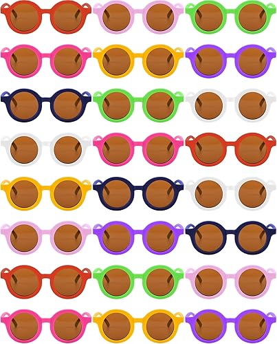 Flutesan 24 pares de lentes de sol redondos para niños, lindos lentes de sol circulares retro para niños y niñas, niños pequeños al aire libre UV,