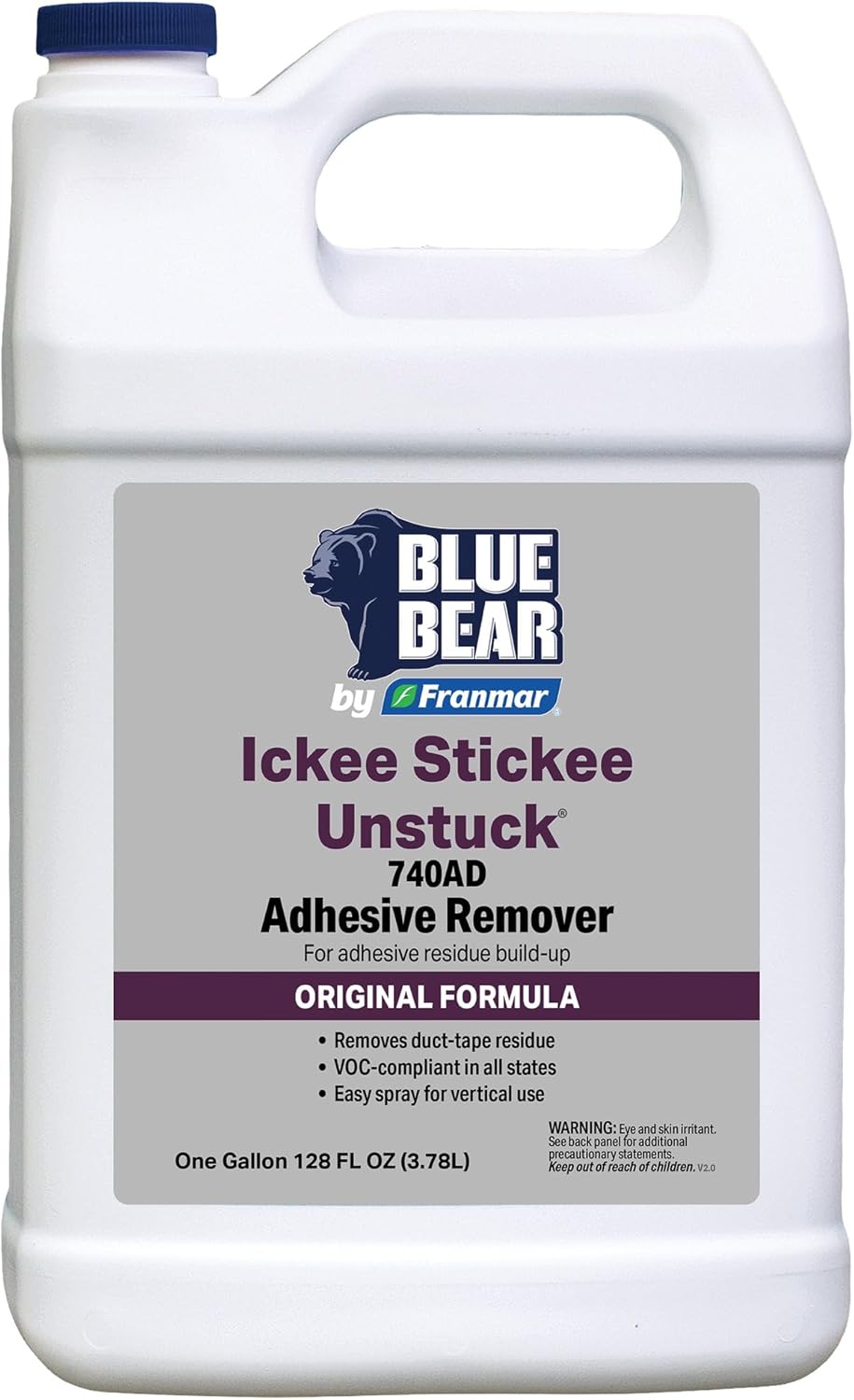Blue Bear® 740AD Ickee Stickee Unstuck Adhesive Remover – Fast-Acting, Low-Odor, Soy-Based Formula Removes Tape, Glue & Sticker Residue – Citrus Scent, Safe & Biodegradable – 1 Gal